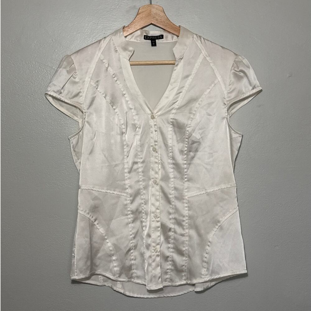 Women's Size M Y2K Vintage Express Satin White Cap Sleeve Button Up Satin Blouse